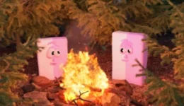 Two barshmallows warm up at a campfire. If only that ends well!