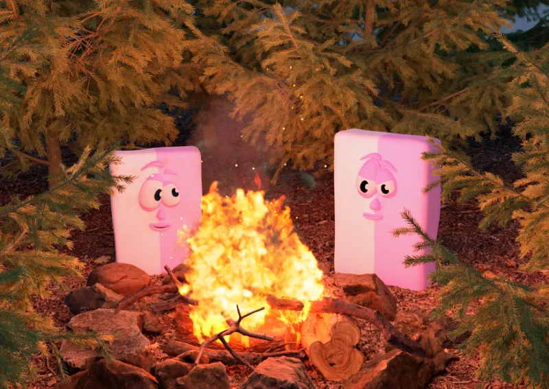 Two barshmallows warm up at a campfire. If only that ends well!