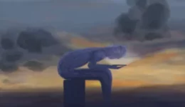 Schilderij van een man die de zonsondergang mist